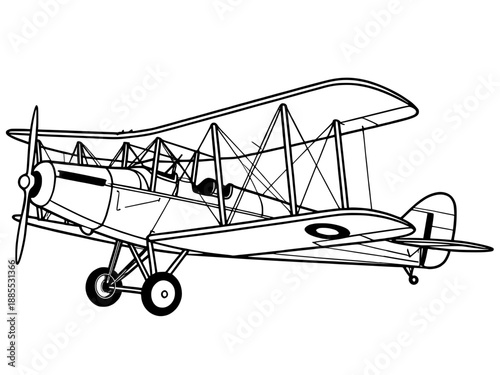 Classic vintage military biplane line art illustration, early 20th century aviation vector
