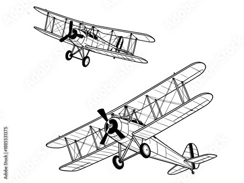 A black and white line drawing featuring two classic biplanes from different perspectives