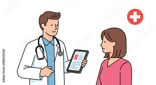 Doctor Talking To Patient About Medical Results On Tablet, Health Consultation