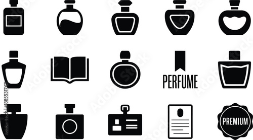 Extensive collection of black silhouette icons featuring diverse perfume bottles, an open book, identification card, and premium emblem