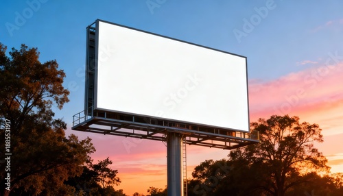 A vast, pristine billboard commands attention against the backdrop of the dusky evening sky. Standing tall and starkly white, it's positioned near a quiet grove of trees in a peaceful, rural setting. 