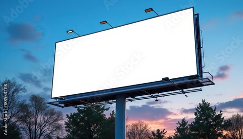 Against the canvas of a fading twilight sky, a substantial, vacant billboard rises imposingly. Towering over a line of silhouetted trees in the foreground, the expansive blank space patiently awaits t