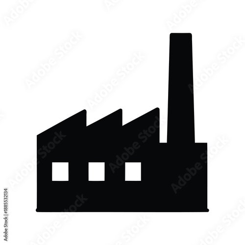 Black Factory Silhouette Icon, Industrial Building Symbol, Manufacturing Plant Graphic, EPS Vector