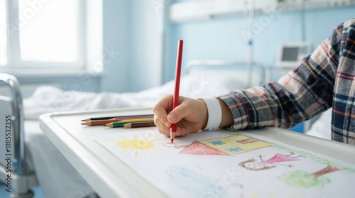 Child wearing a plaid shirt uses a red colored pencil to draw on a white sheet of paper depicting a house and sun, situated in a hospital room with a bed and medical equipment in the background