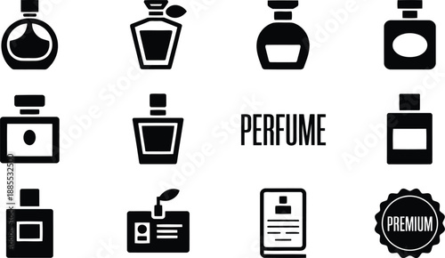 Twelve black silhouette icons illustrating perfume bottles, an identification card, official document, and a premium quality badge