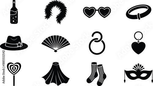 Varied collection of black glyph icons for celebrations, fashion accessories, and party enjoyment