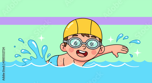 Happy young boy in yellow cap and goggles swimming freestyle in a pool with splashes and sparkles