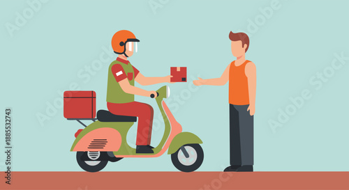 Delivery man on a scooter handing a package to a customer, conveying prompt and efficient delivery services