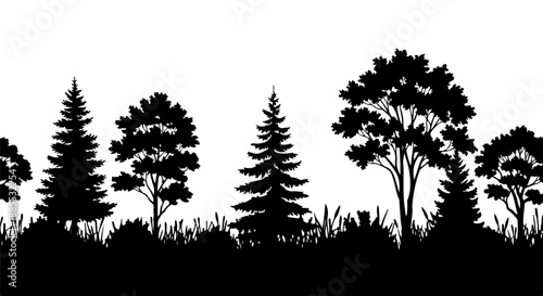 Seamless silhouette of diverse trees and grass, representing nature and landscape