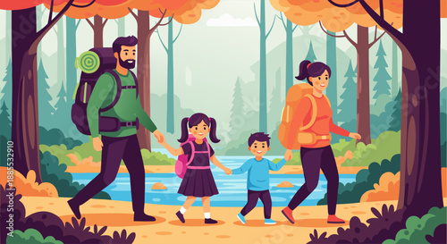 A Happy Family Enjoys a Picturesque Autumn Hike Through a Vibrant Forest