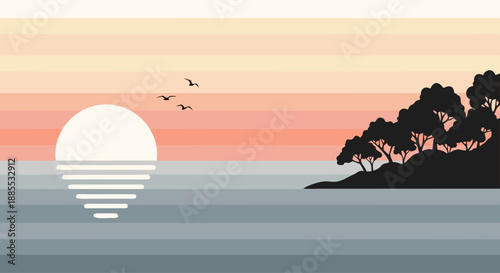 Serene Sunset Over Ocean Horizon with Silhouetted Trees and Birds in Flight
