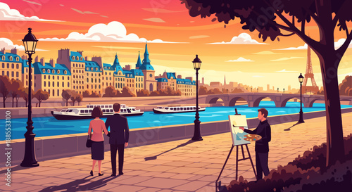 A stunning vector illustration of Paris, France, with the Eiffel Tower and Seine River at sunset, capturing a romantic atmosphere