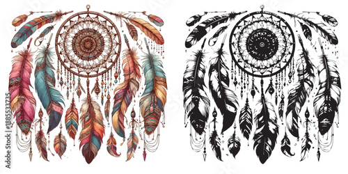 Bohemian Boho Elements - feathers, arrows & dream catcher silhouette vector on white background