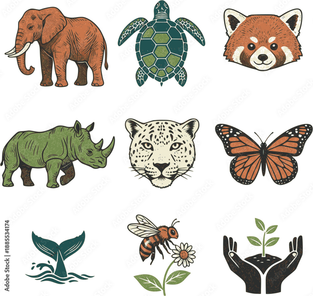Fototapeta premium Professional World Wildlife Day icons. Detailed vector set featuring elephants, sea turtles, and conservation symbols. High-quality green and sienna graphics on white background.