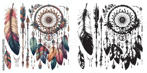 Bohemian Boho Elements - feathers, arrows & dream catcher silhouette vector on white background