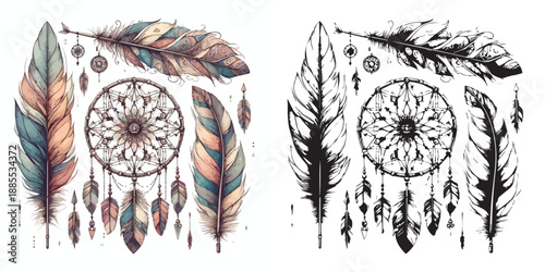Bohemian Boho Elements - feathers, arrows & dream catcher silhouette vector on white background