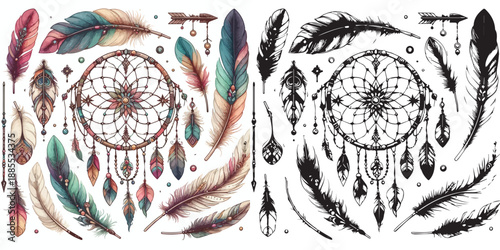 Bohemian Boho Elements - feathers, arrows & dream catcher silhouette vector on white background