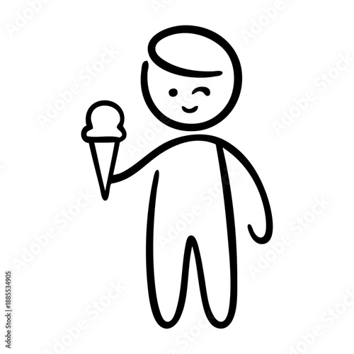 Dibujo sencillo de un niño de pie comiendo un cucurucho de helado con líneas 