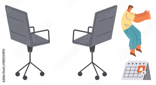 Office work, appointments, deadlines, time management, business meetings, work stress. Two office chairs, a calendar with notification icon and a person reacting. Office work and deadlines concept