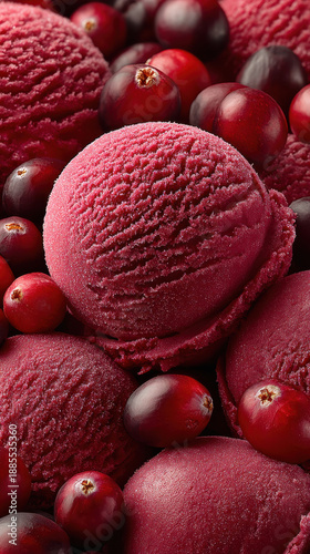 Cranberry Ice Cream Scoops with Fresh Berries, Frozen Dessert Treat