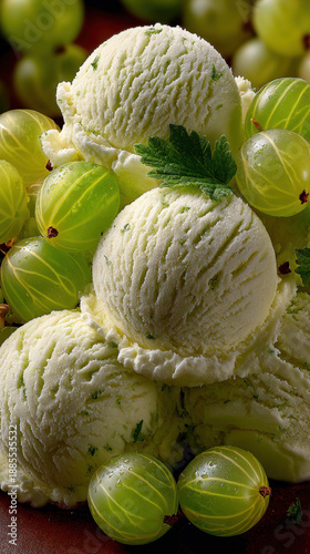Gooseberry Ice Cream Scoops, Refreshing Summer Dessert Still Life