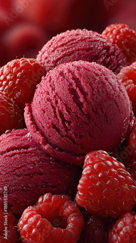 Raspberry Sorbet Scoops, Refreshing Summer Dessert Close-up