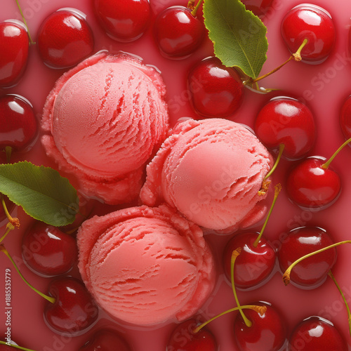 Cherry Ice Cream Scoops with Fresh Cherries Summer Dessert Still Life