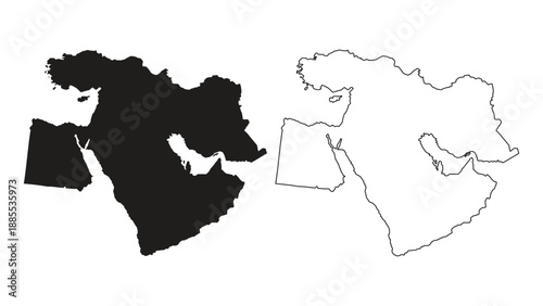 Black silhouette and thin outline vector map of Middle East region on plain white background