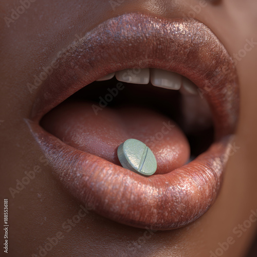 Woman Taking Medicine Tablet For Health Care And Beauty Treatment
