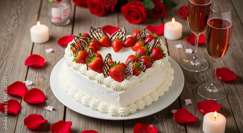 A heart-shaped cake with strawberries and whipped cream, Valentine’s dessert