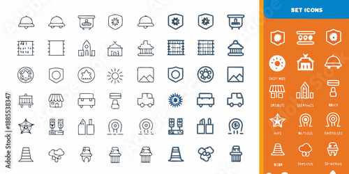 Collection of various linear icons depicting buildings objects and symbols