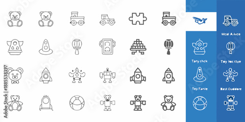 Collection of linear toy icons bears rockets cars and building blocks