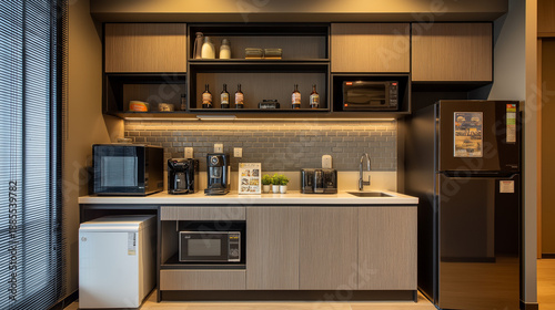 kitchenette. Compact kitchenette with essential appliances and natural light from window. real-estate listings, architecture portfolios, designed for interior renovation comparisons for interiors.