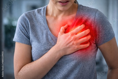 Wallpaper Mural Woman Holding Chest with Red Highlight Indicating Heart Pain or Cardiac Health Problem Torontodigital.ca