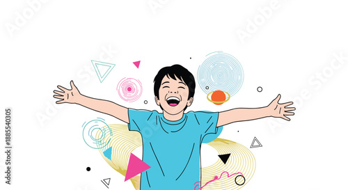 A joyful young boy laughs with his arms outstretched in happiness against a fun background of geometric shapes and planets.
