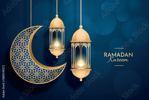 Ramadan kareem with hanging lanterns and crescent moon