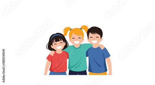 Three happy and diverse best friends stand together with their arms around each other's shoulders in a show of unity.