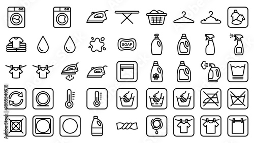 Laundry and ironing outline icon set, 30 clean rounded corner line symbols: washing machine, dryer, iron, hanger, detergent, soap, water drops, care labels