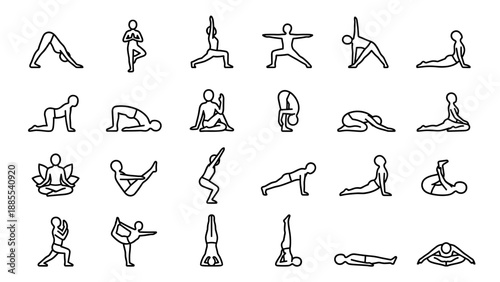 Yoga poses icon set. Minimal monoline fitness workout outline icons. Meditation, pilates, gym exercise, flexible body asana. Wellness health symbols. Simple linear vector graphics.