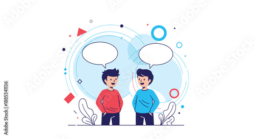 Two young men are standing and having a friendly conversation with each other with blank speech bubbles above their heads.