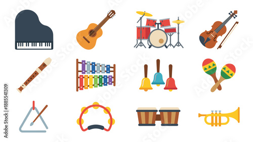 Flat Vector Icon Set of Musical Instruments for Education and Performance. Includes Piano, Guitar, Drum Kit, Violin, Recorder, Xylophone, Handbells, Maracas, Triangle, Tambourine, Bongos, Trumpet.