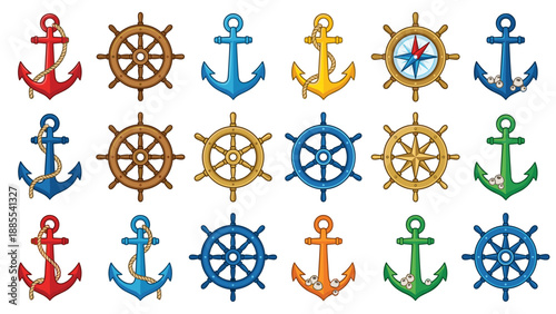 Nautical anchors and ship wheels vector set. Colorful marine icons collection in flat cartoon style. Maritime symbols with ropes, compass, and helm arranged in grid for design and decoration.
