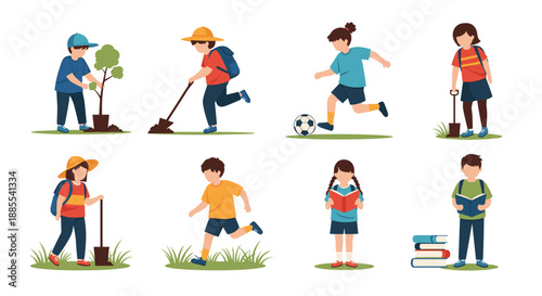 A set of eight children are engaged in various outdoor and educational activities like gardening playing soccer and reading.