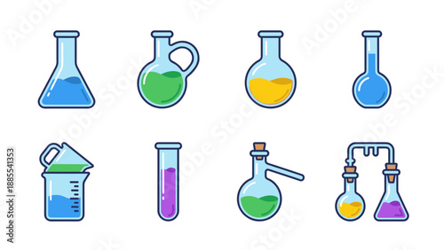 Science Laboratory Glassware Icon Set Featuring Beakers, Flasks, and Test Tubes with Colorful Liquids. Flat Vector Illustration for Chemistry, Biology, Medical Research, and STEM Education.
