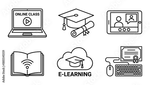 Online Education and E-Learning Vector Icon Set Featuring Laptop, Graduation Cap, Diploma, Tablet Video Class, Digital Book, and Certificate. Minimalist Outline Style for Remote Study and Courses.