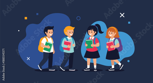 Happy diverse elementary students with backpacks and books walking together against a dark blue abstract background illustration.
