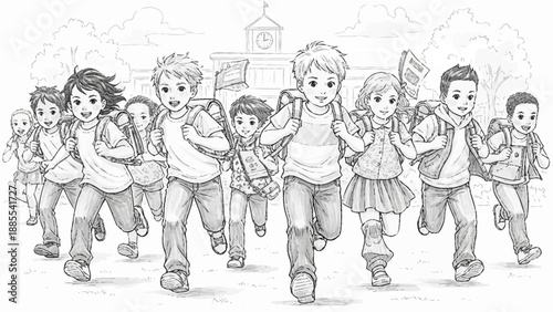 Diverse group of happy children running towards the viewer with backpacks.