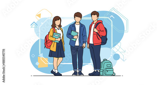 Group of three high school or college students a girl and two boys standing together with books and backpacks on an abstract background.