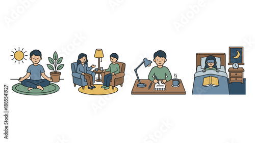 Self care routine scenes. Vector illustrations set. Mental health and daily life balance concept. Morning meditation. Therapy session. Evening journaling. Sleep hygiene. Wellness lifestyle habit.