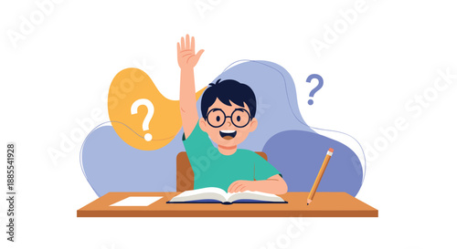 A smart young schoolboy with glasses sitting at a desk and raising his hand enthusiastically to answer a question in the classroom.